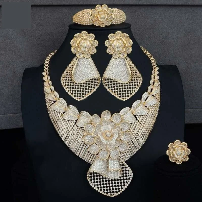 Four PCS African Lariat Wedding Cubic Zircon Crystal CZ Indian Gold Bridal Jewelry Sets