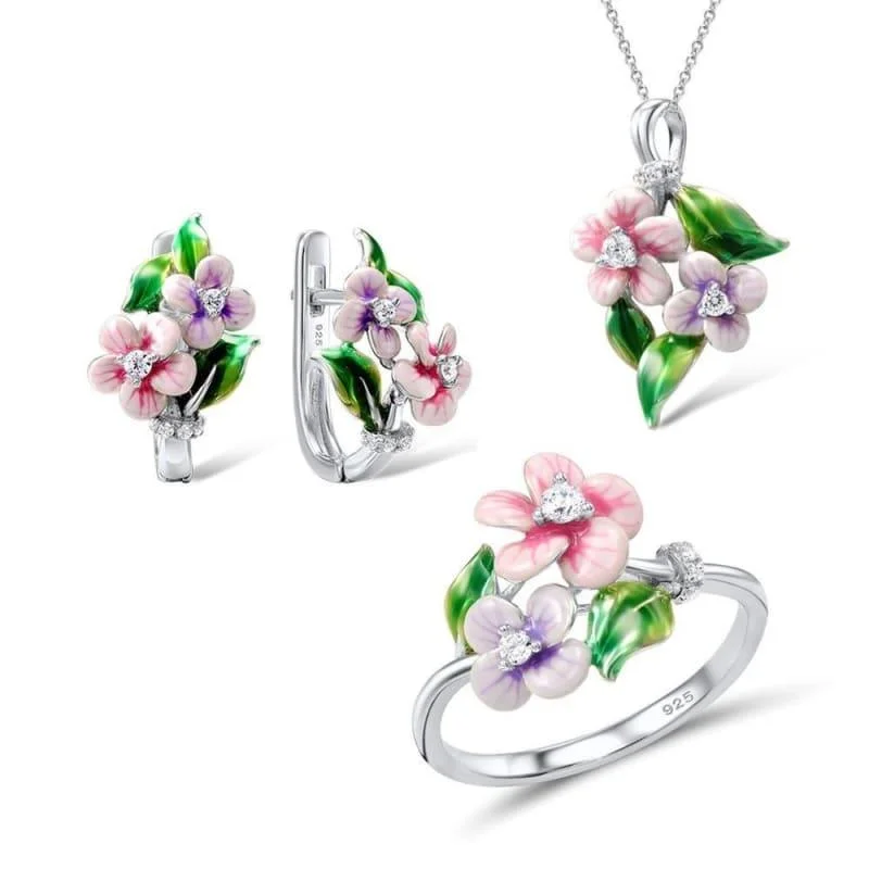 Pink Flower CZ Stones Ring Earrings Pendent Necklace 925 Sterling Silver Women Jewelry Set