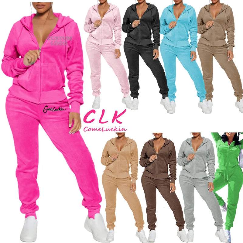 Custom Logo Women's Sweatpants And Hoodie Set Zipper Crop Top Velvet Jogging Suit Velour Tracksuits Two Piece Set Women Clothing