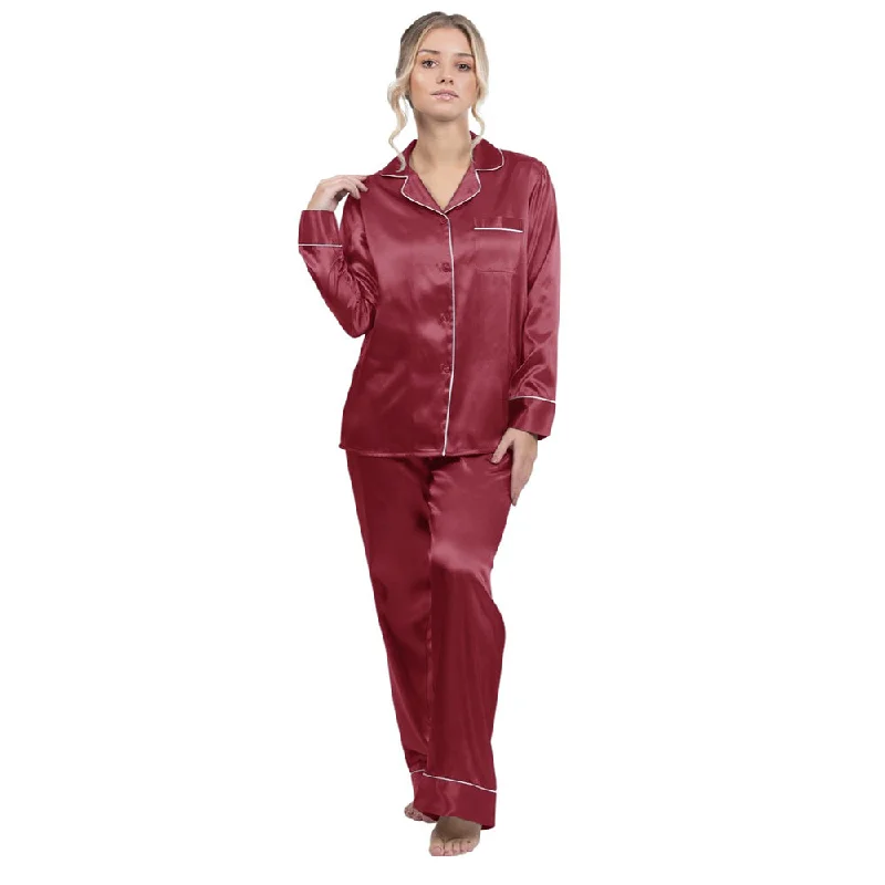 Silky Satin Pajama Set - Burgundy