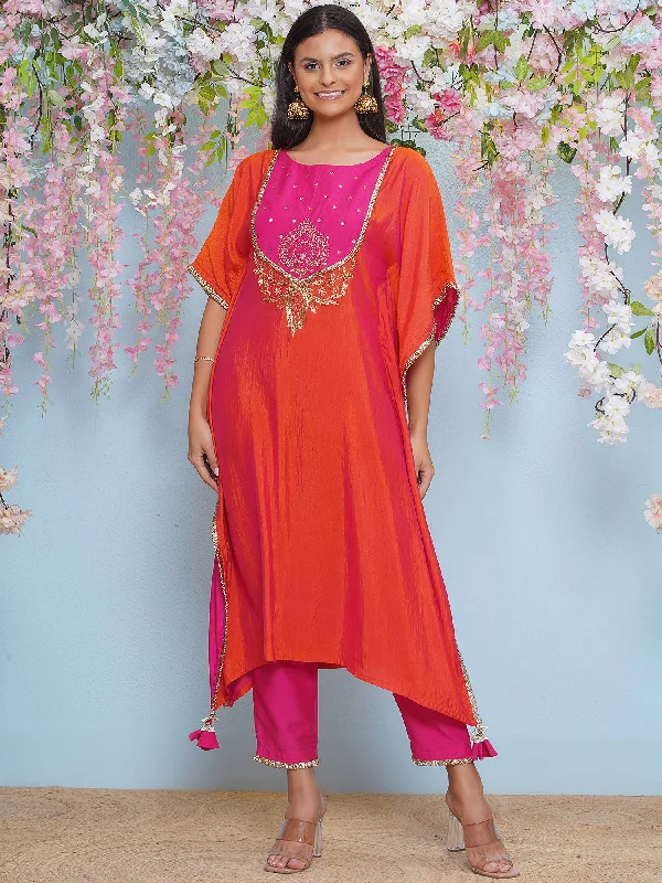 Orange And Pink Dual Tone Hand Embellished Kaftaan with Pants-WRKS197