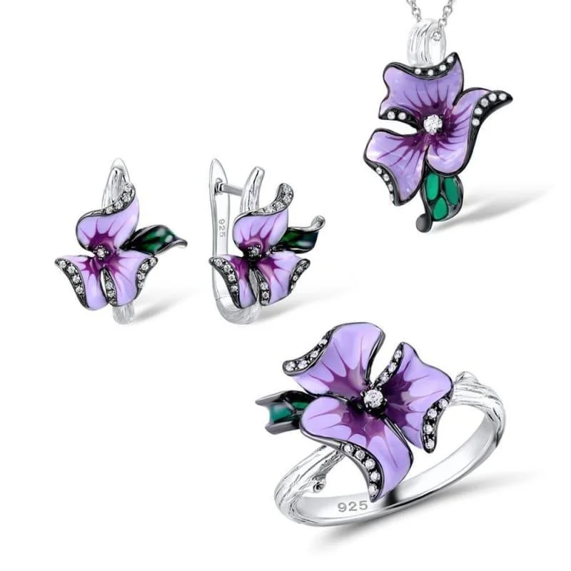 HANDMADE Enamel Elegant Pink Flower Ring Earrings Pendent 925 Sterling Silver Jewelry Set