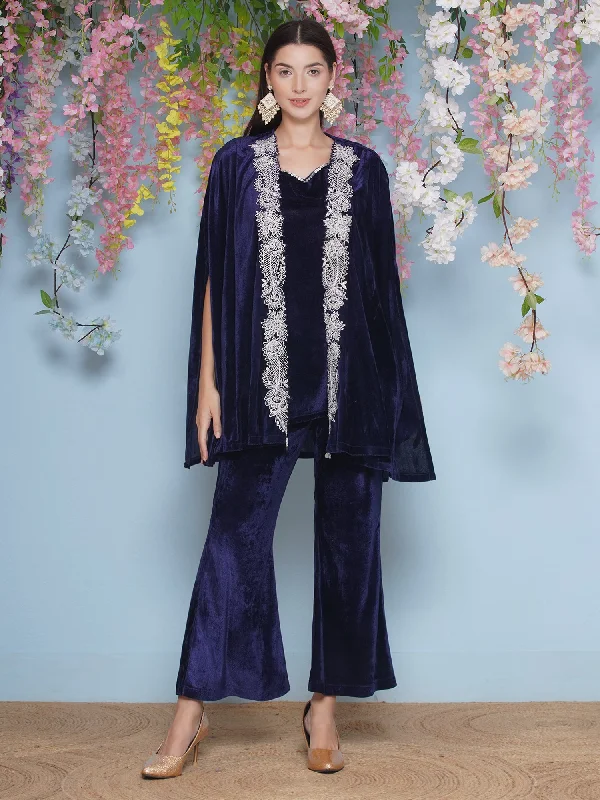 Navy Blue Velvet Embroidered Cape with inner and Bellbottom-WRKS205