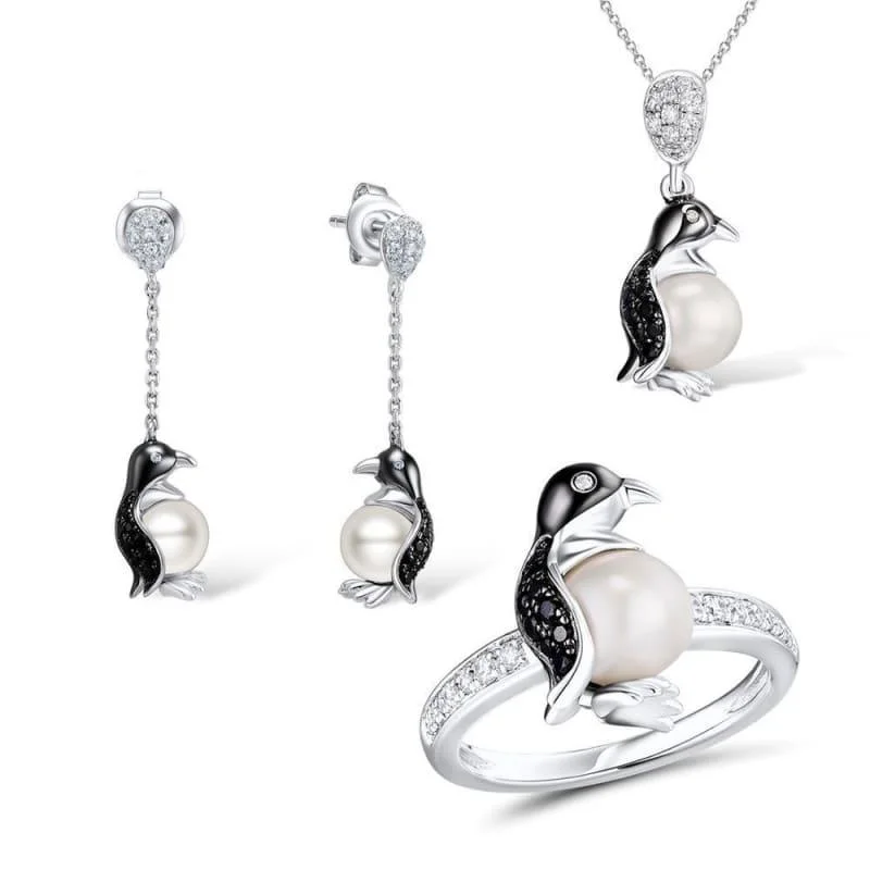 Silver Penguin Fresh Water White Pearl Ring Earrings Pendant Set 925 Sterling Silver Fashion Jewelry Set