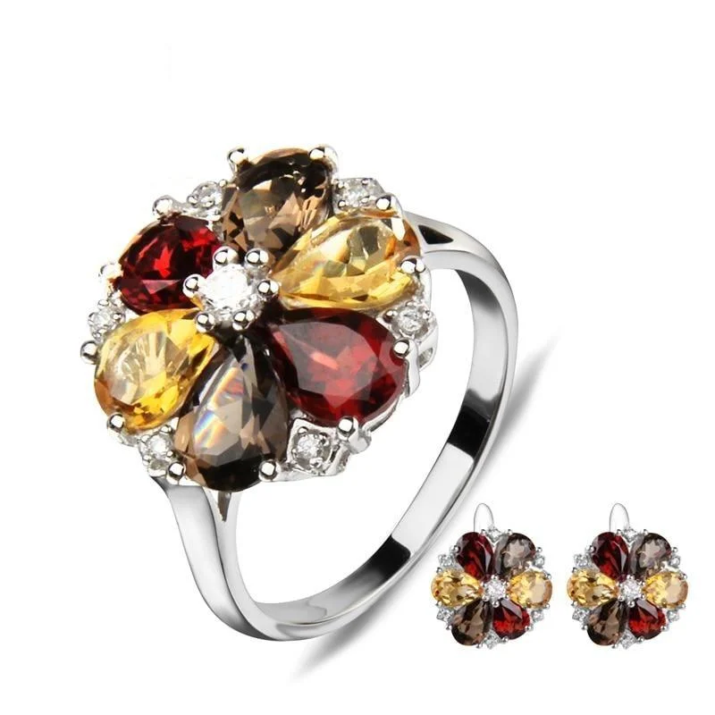 Garnet Smoky Quartz Citrine Flower Earrings Ring Set