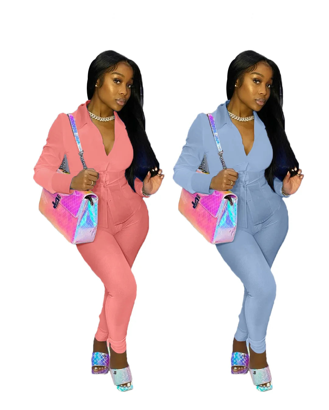 Casual Solid Turndown Blouses & Shirts Top Ladies Outfits Two Piece Pant Set Women Clothes