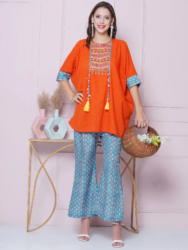 Orange Cotton Mirror Embroidered Kaftaan with Printed Bellbottom-WRKS159