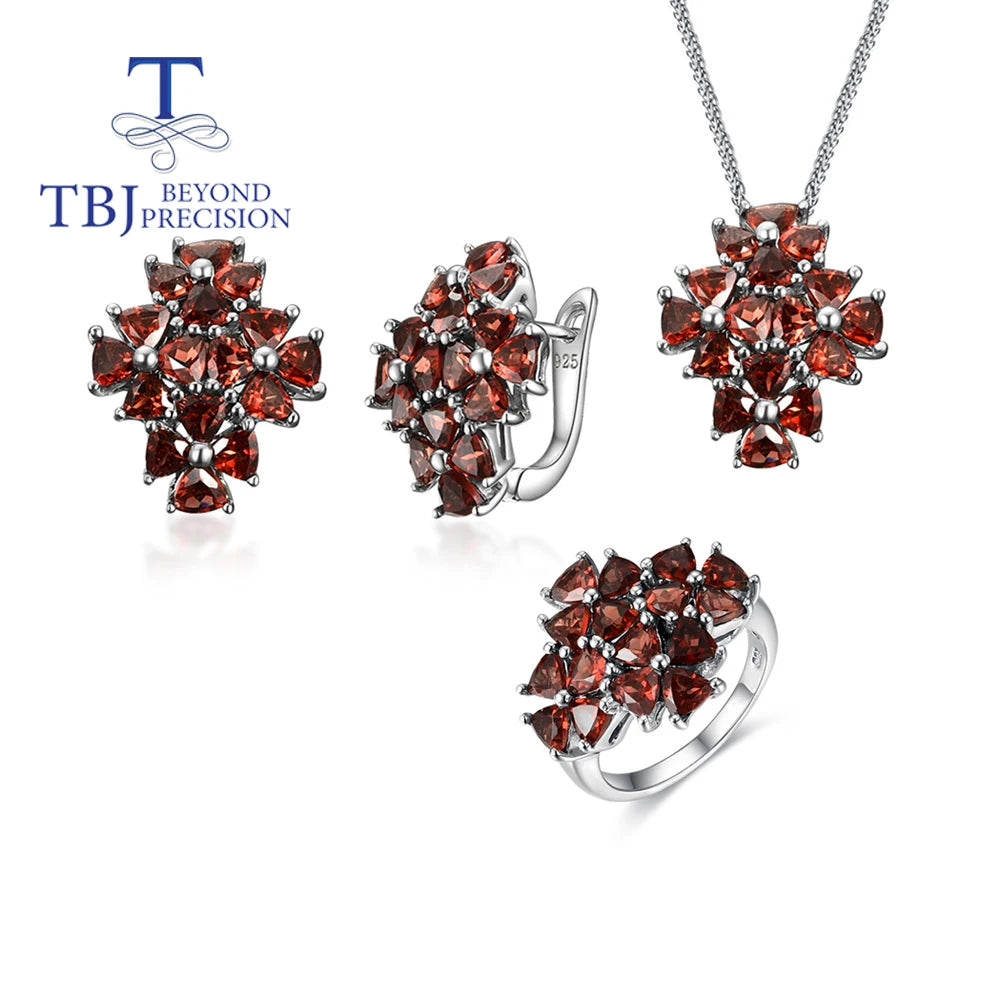 Natural red garnet ring earrings Pendant Jewelry Set