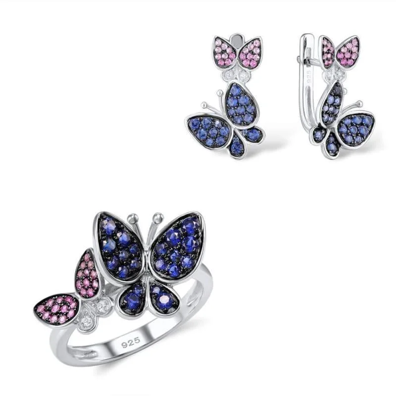 Elegant Blue Pink Stones Butterfly Earrings Ring Set 925 Sterling Silver Chic Jewelry Set