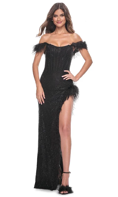 La Femme 32151 - Scoop Feather Trim Prom Gown