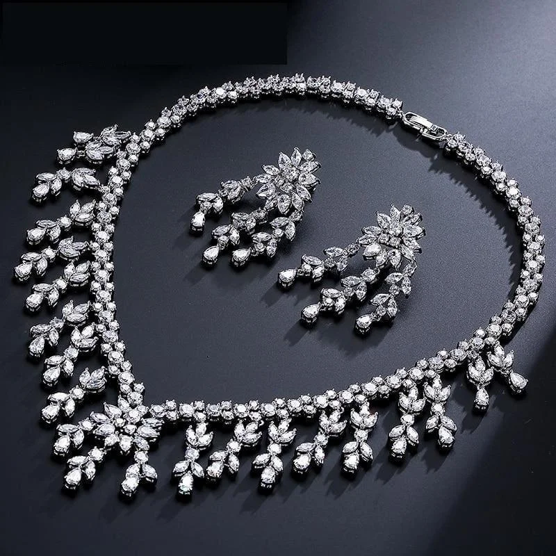 Shiny Sliver Luxury Marquise Zircon Cluster Tassel Jewelry Set