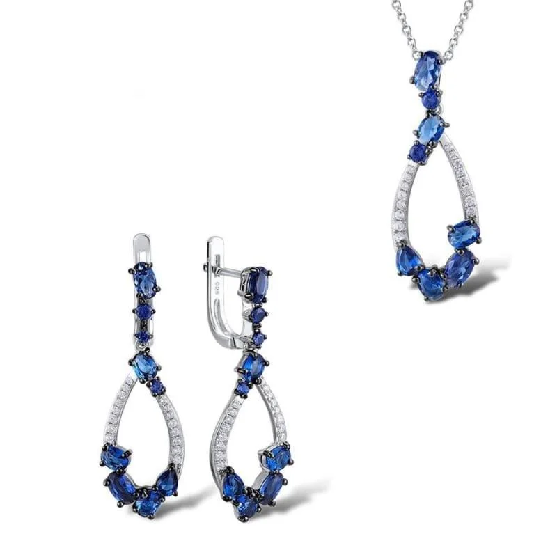 Blue Nano Cubic Zirconia Stones Earrings Pendant Necklace 925 Sterling Silver Jewelry Set