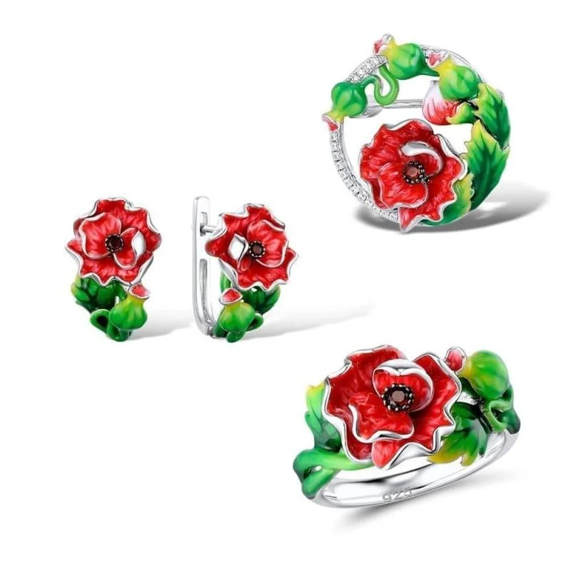 Enamel Red Flower CZ Stones Ring Earrings Brooch Necklace 925 Sterling Silver Women Jewelry Set