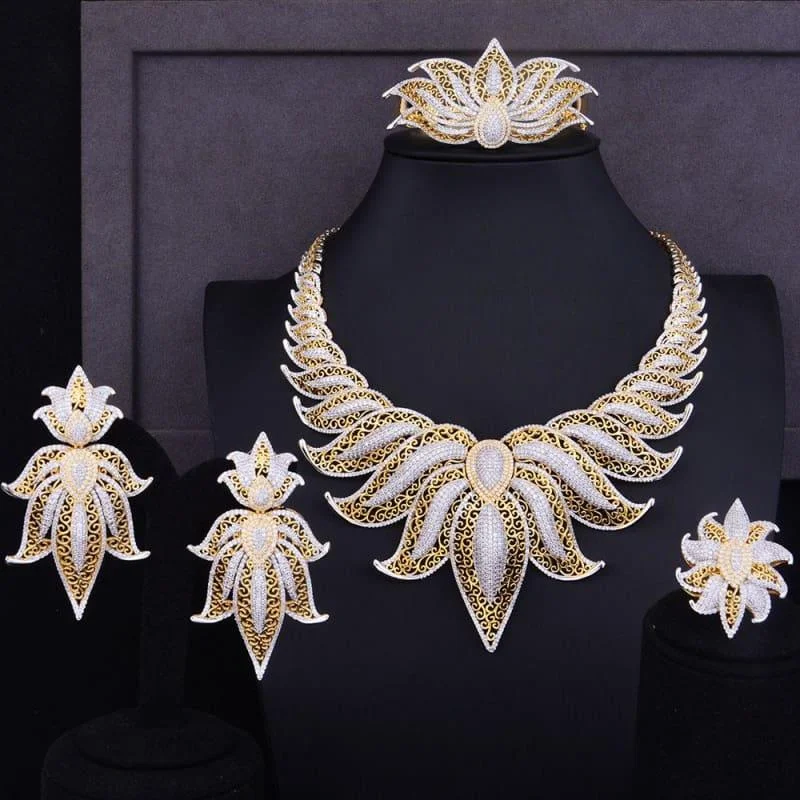 Crown Leaf Leaves Wedding Red Cubic Zirconia Statement Necklace Earrings Jewelry Set