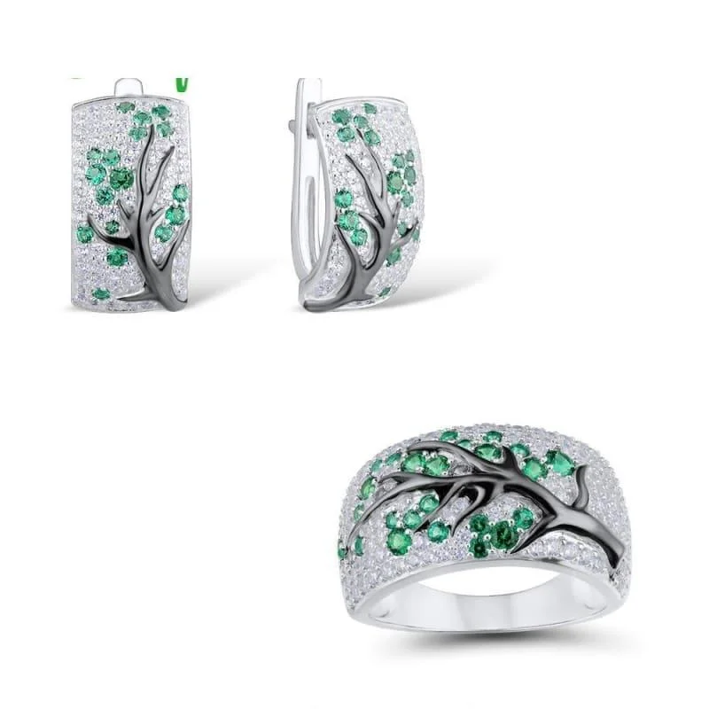 Green Tree Shiny Natural Green Stones Earrings Ring Set 925 Sterling Silver Delicate Fashion Jewelry