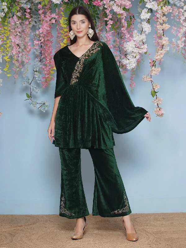 Green Velvet Half Cape hand embellished kurta with bellbottom pant-WRKS202