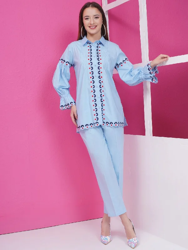 Blue Cotton Popline Embroiderd Shirt with Pant-WRKS167