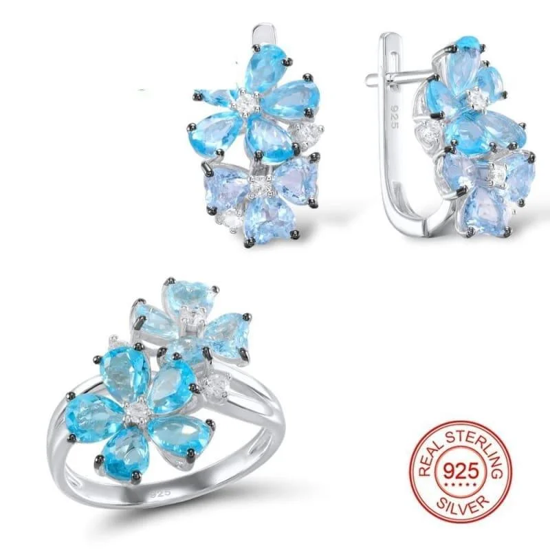 Blue Stone White Cubic Zirconia Ring Earrings Pure 925 Sterling Silver Fashion Jewelry Set