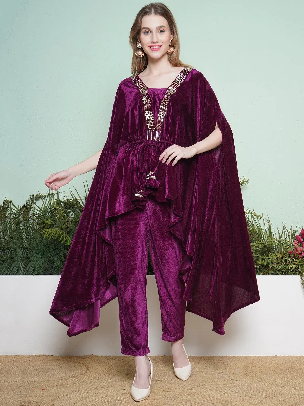 Wine Velvet Hand Embellished Kaftaan with Pants-WRK135