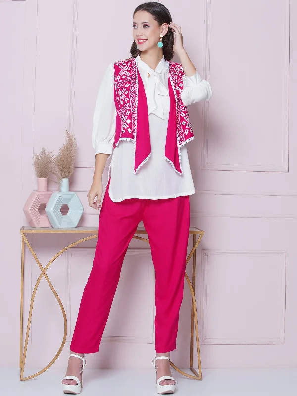 Pink Rayon Slub Embroidered Jacket with shirt and Pant-WRKS161