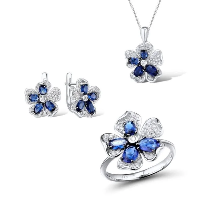 Silver Flower Bridal Wedding Blue CZ Stones Ring Earrings Pendant Set 925 Sterling Silver Jewelry Set