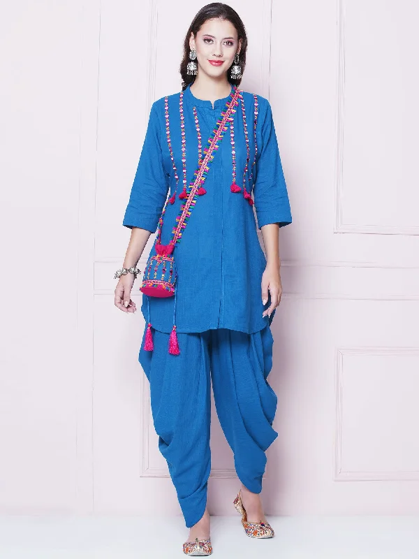 Blue Mirror Embroidered Kurta with Salwaar And Potli-WRKS156B