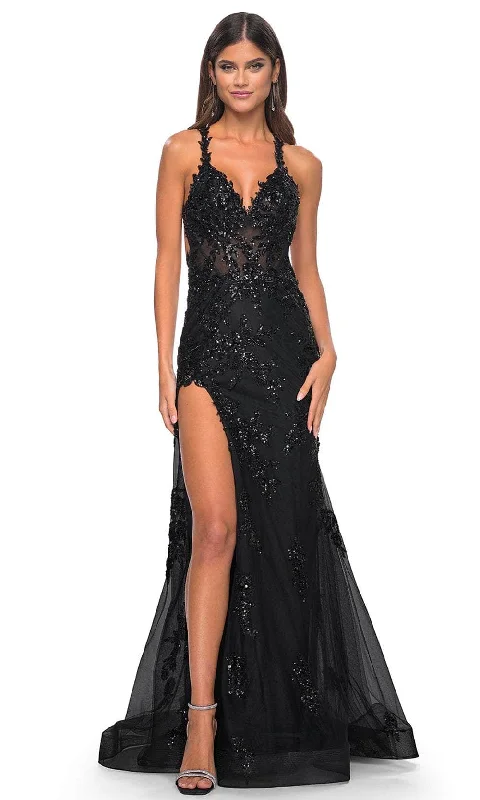 La Femme 32107 - Sequin Appliqued Sheath Prom Gown