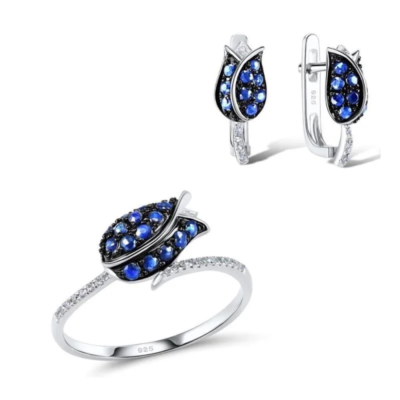 Unique Bridal Blue Nano Cubic Zirconia Ring Earrings 925 Sterling Silver Fashion Jewelry Set