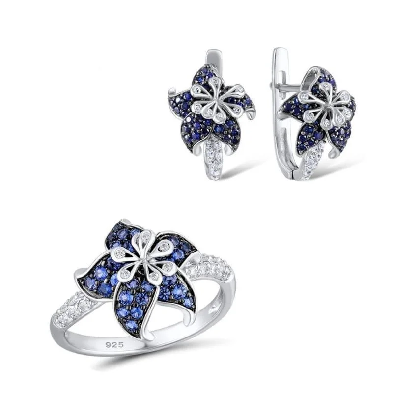 Blue White CZ Ring Earrings Set Authentic 100% 925 Sterling Silver Fashion Jewelry Set