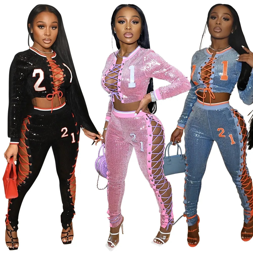 2024 New Sexy Sequin Crop Top and Pants Set Casual 2 Piece Set Sweat Suits Outfit Pants Set Women Clothing