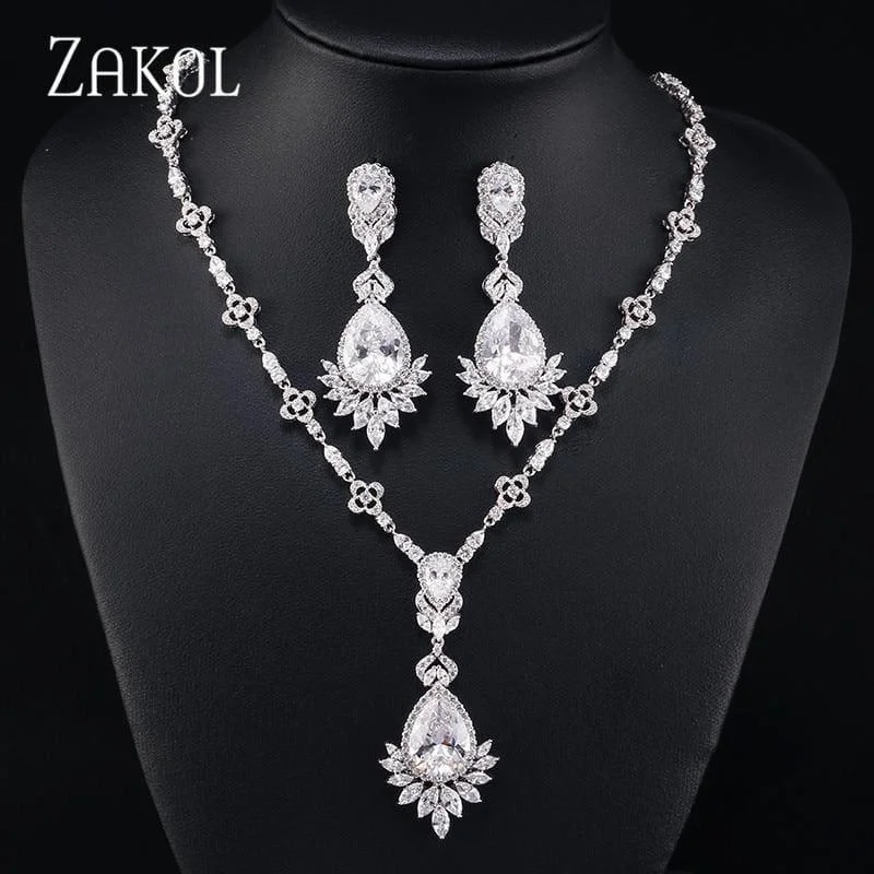 Big Drop Cubic Zirconia Leaf Bridal Wedding Jewelry Set