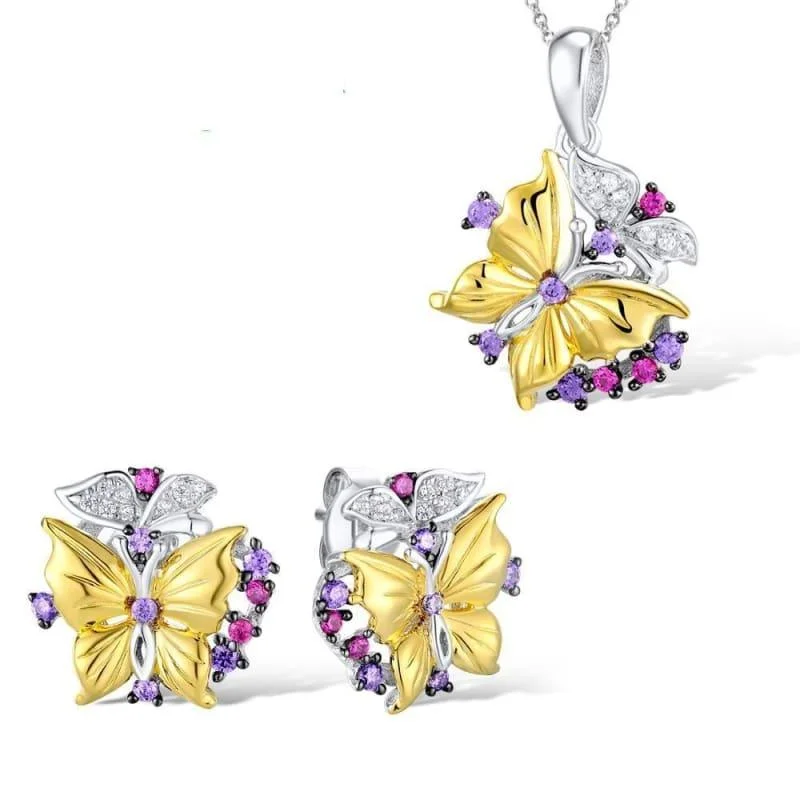 Butterfly Created Red Stones Earrings Pendant Necklace 925 Sterling Silver Fashion Jewelry Set