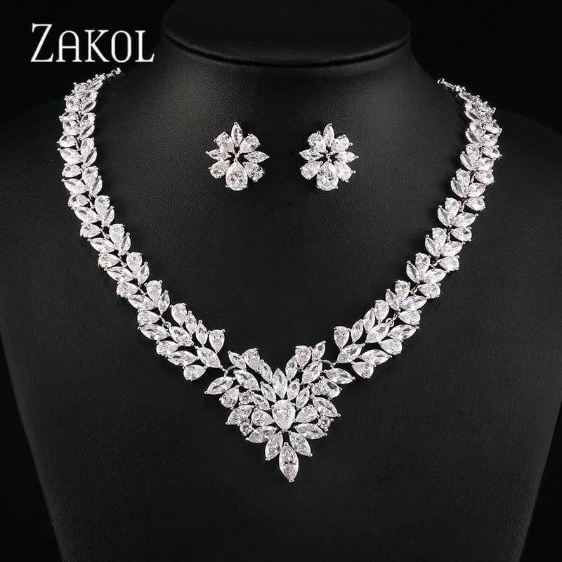 Flower Shape Cubic Zircon Necklace Earrings Classic Wedding Jewelry Sets