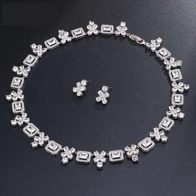 Brilliant Square & Flower Zirconia Earring Necklace  Bridal  Jewelry Sets