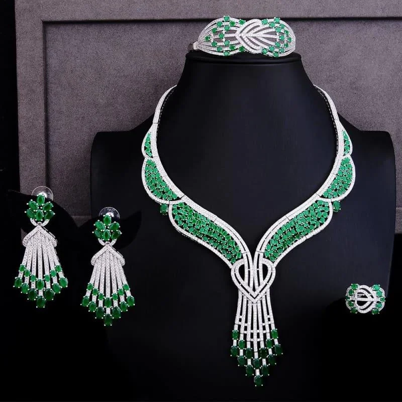 Green Butterfly Flower 4PCS Wedding Zircon Crystal CZ Bridal Lariat Necklace Jewelry Set