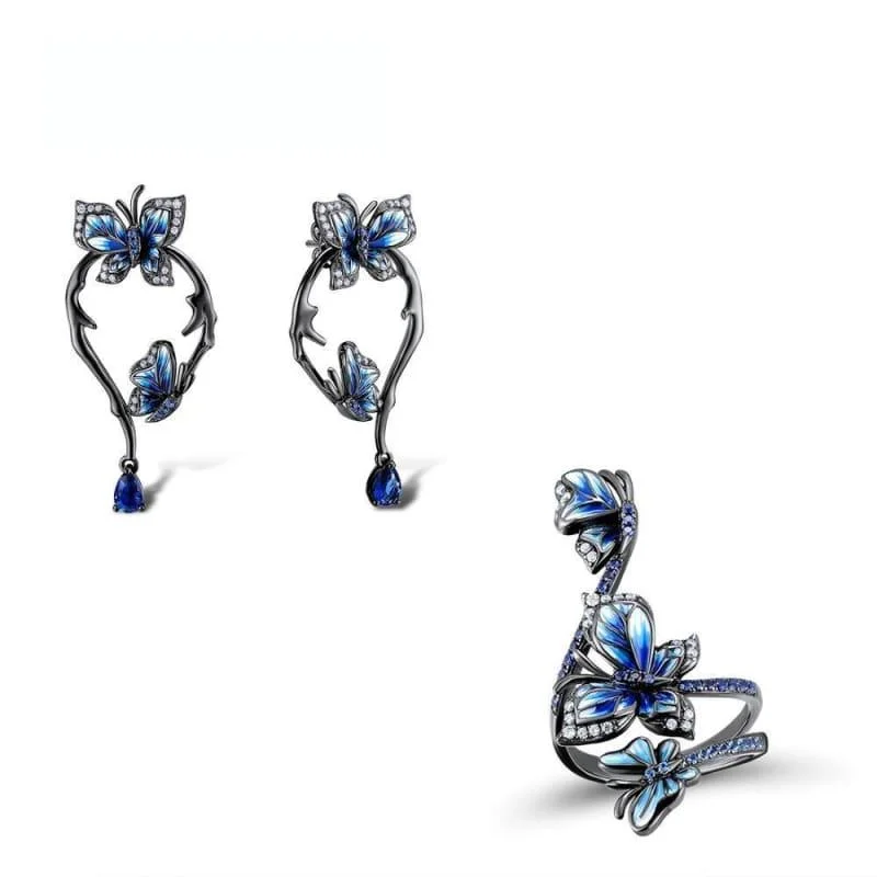 Blue Butterfly Ring Earrings Set 925 Sterling Silver Handmade Enamel Fashion Jewelry Set