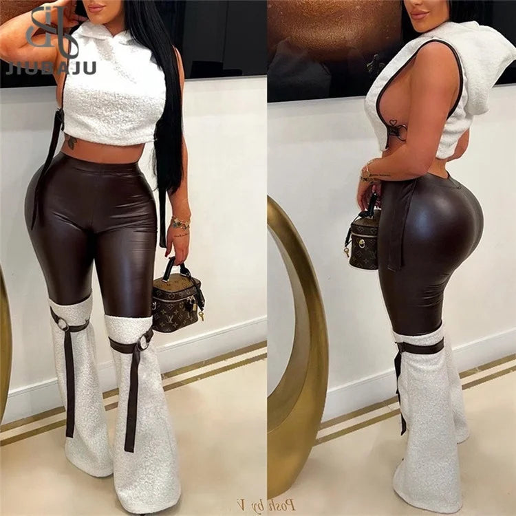 PU Leather Pant Suits Sexy Club Outfits for Women  2024  Wool Vest ana Bandage Pants 2 Piece Set