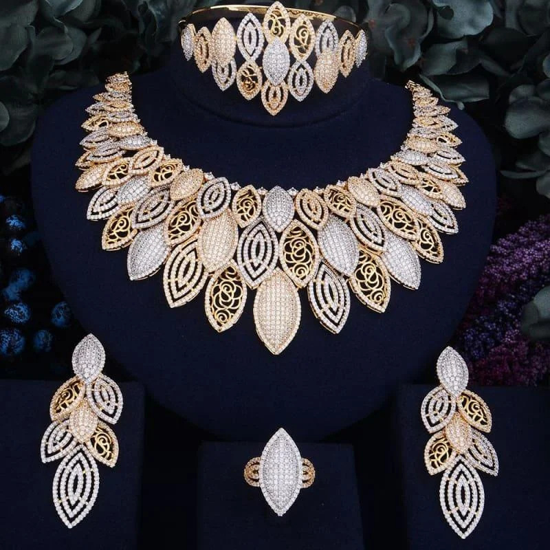 Exquisite Super Luxury Leaves Cubic Zirconia 4pcs Necklace Earring Ring Bangle Dubai Jewelry Set