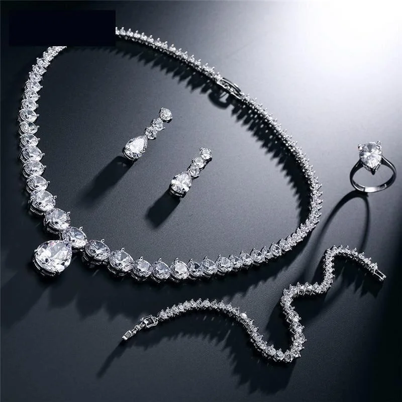 Clear Waterdrop & Round Cubic Zirconia Bridal Wedding Jewelry Set