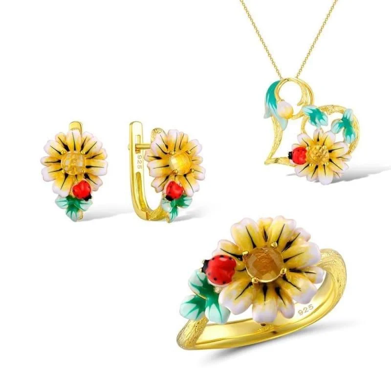 Enamel Sunflower  Ring Earrings Pendent Necklace 925 Sterling Silver Fashion Jewelry Set