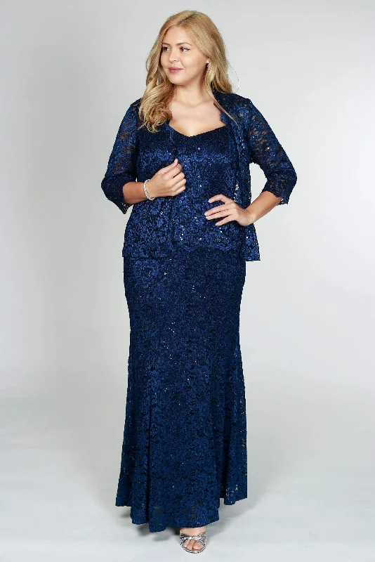 R&M Richards 5385 Formal Jacket Lace Long Dress Navy