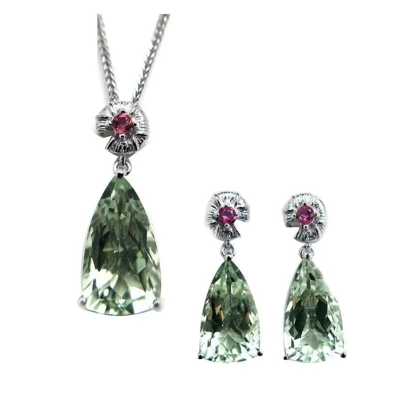 Unique Green Amethyst and Tourmaline 925 Silver Pendant and Earring Jewelry set