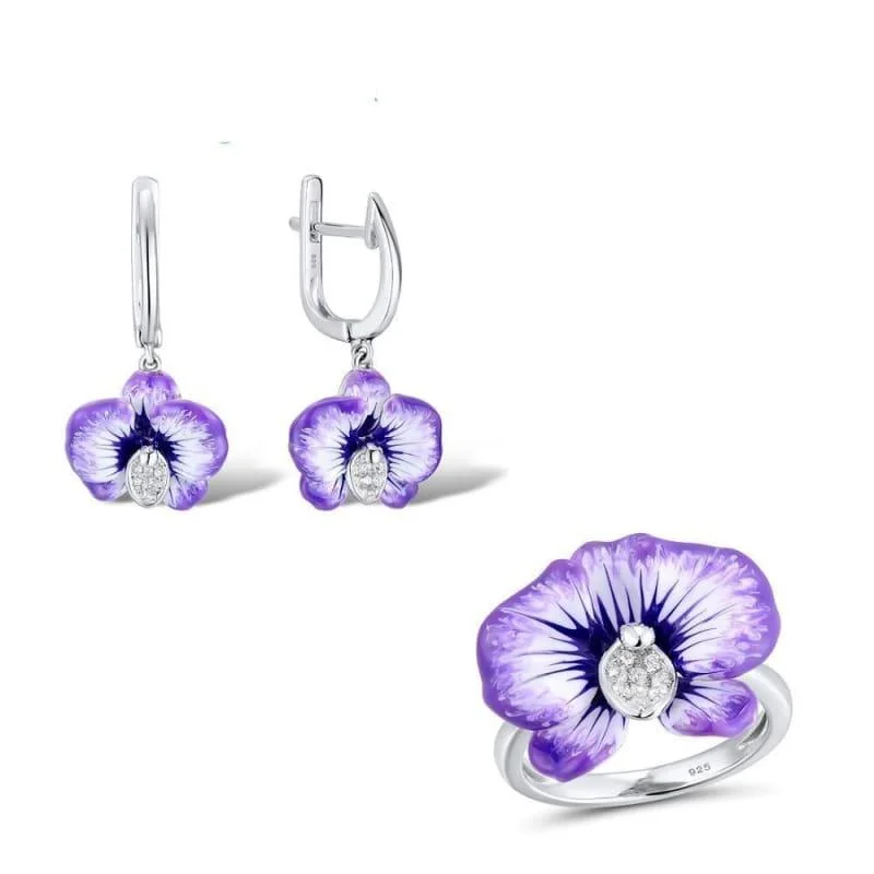 Chic Purple Flower Earrings Ring Set 925 Sterling Silver Fashion HANDMADE Enamel Jewelry Set