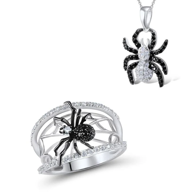 Spider Natural Black Stones Ring Pendant Set Genuine 925 Sterling Silver Fashion Chic Jewelry Set