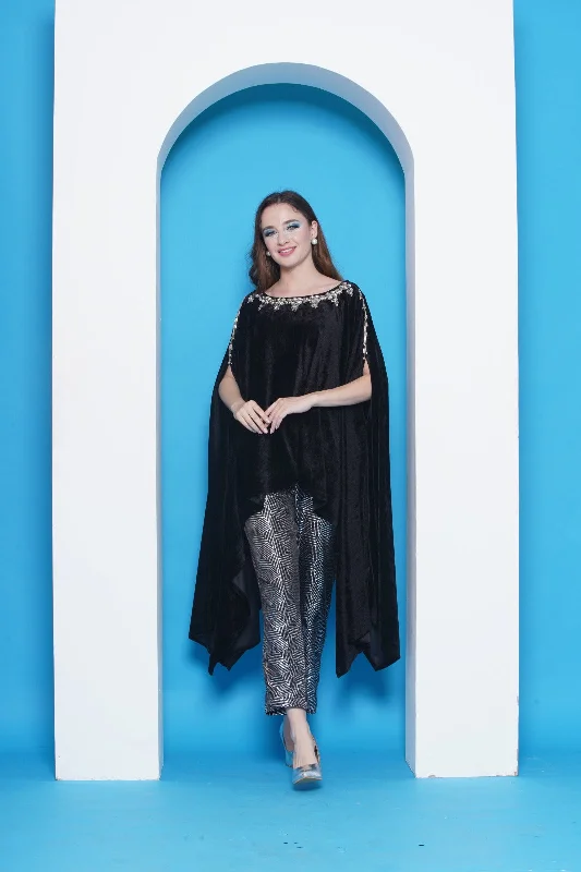 Black Velvet Hand Embellished Kaftaan with Metallic Pants-WRKS142