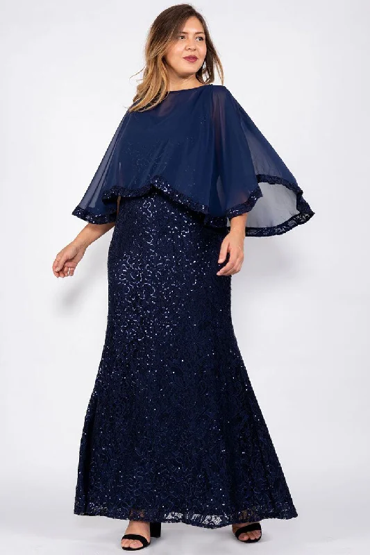 Marina Long Plus Size Lace Formal Cape Dress Navy