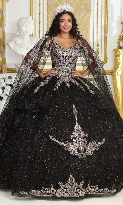 May Queen LK218 - Cape Sleeve Glitter Ballgown