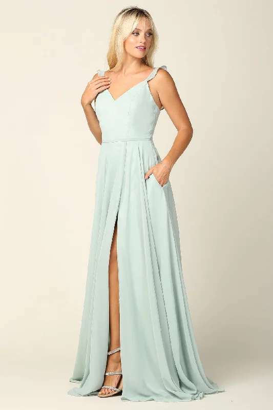 Long Bridesmaids Ruffle Sleeve Chiffon Gown