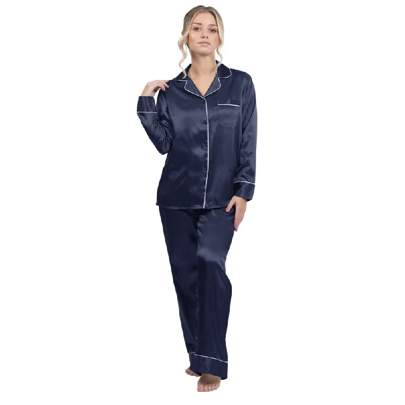 Satin Pajama Sets with contrast piping for women - Navy Blue