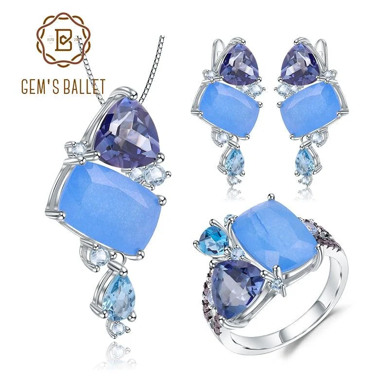 Candy Color Irregular  Aqua-blue Calcedony 925 Sterling Silver Ring Earrings Pendant Jewelry Set